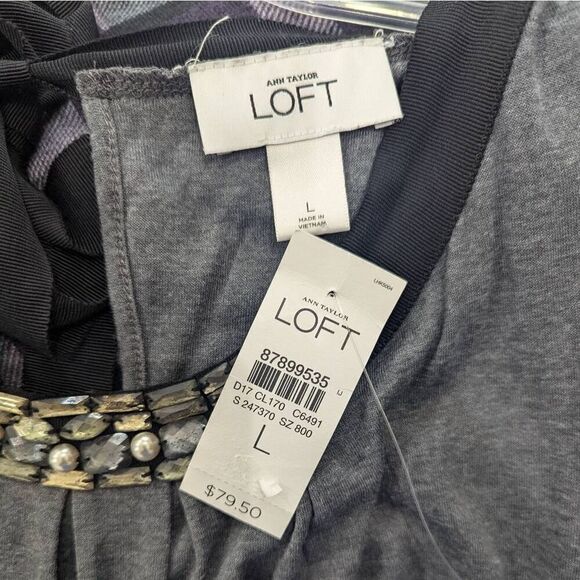 New LOFT Charcoal Jersey Knit Shift Dress Bead Accented Neckline Women Size L - Picture 6 of 9